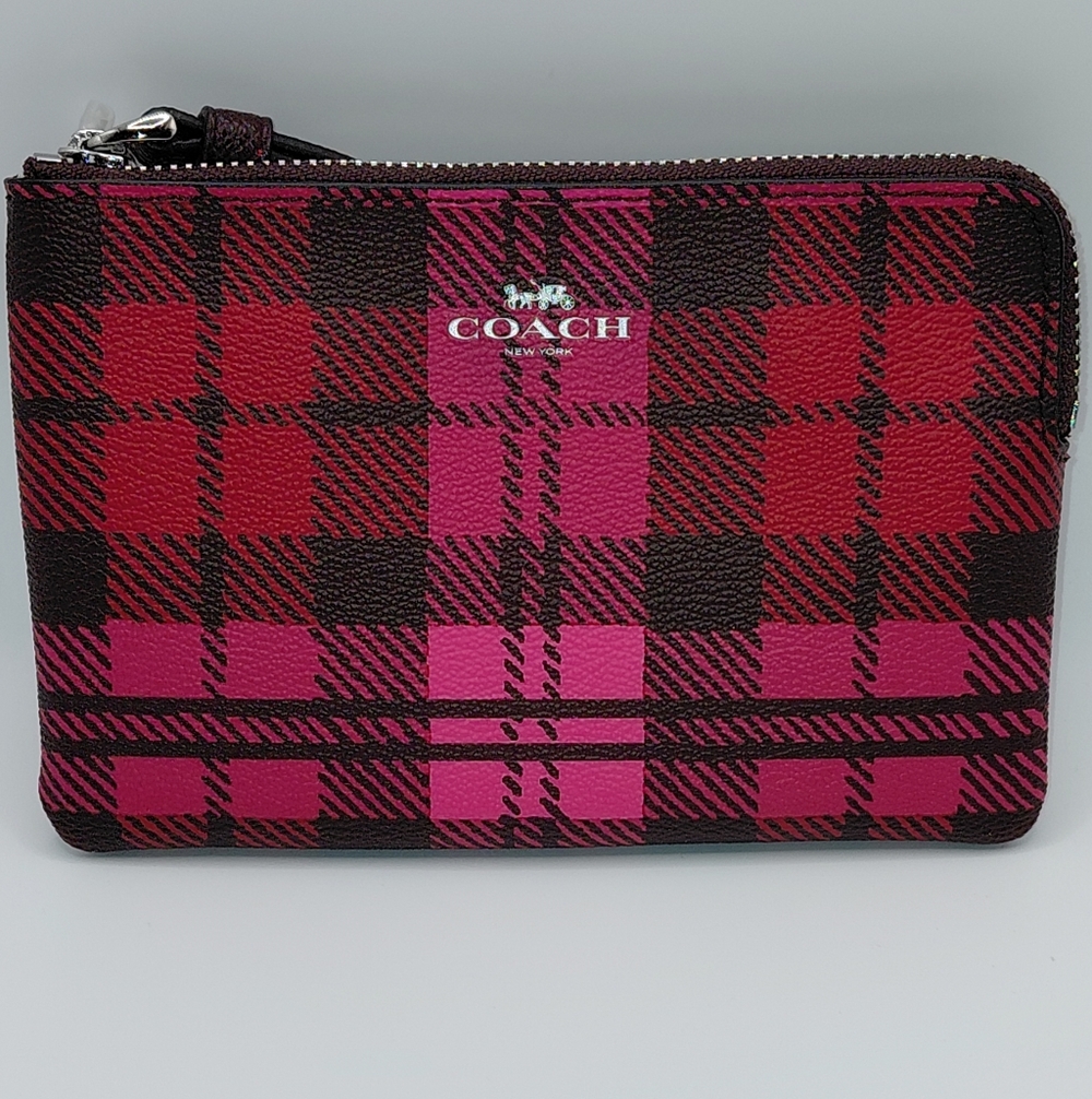 NWT Coach Corner Zip Wristlet In Black Red Pink Plaid F23632